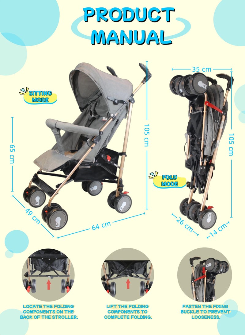 Foldable Ultra Lightweight Travel Stroller with Absorbent Multi Position Reclining Seat Adjustable Canopy Foldable Storage Basket Umbrella Foldable Design NO.1103 - Image 2